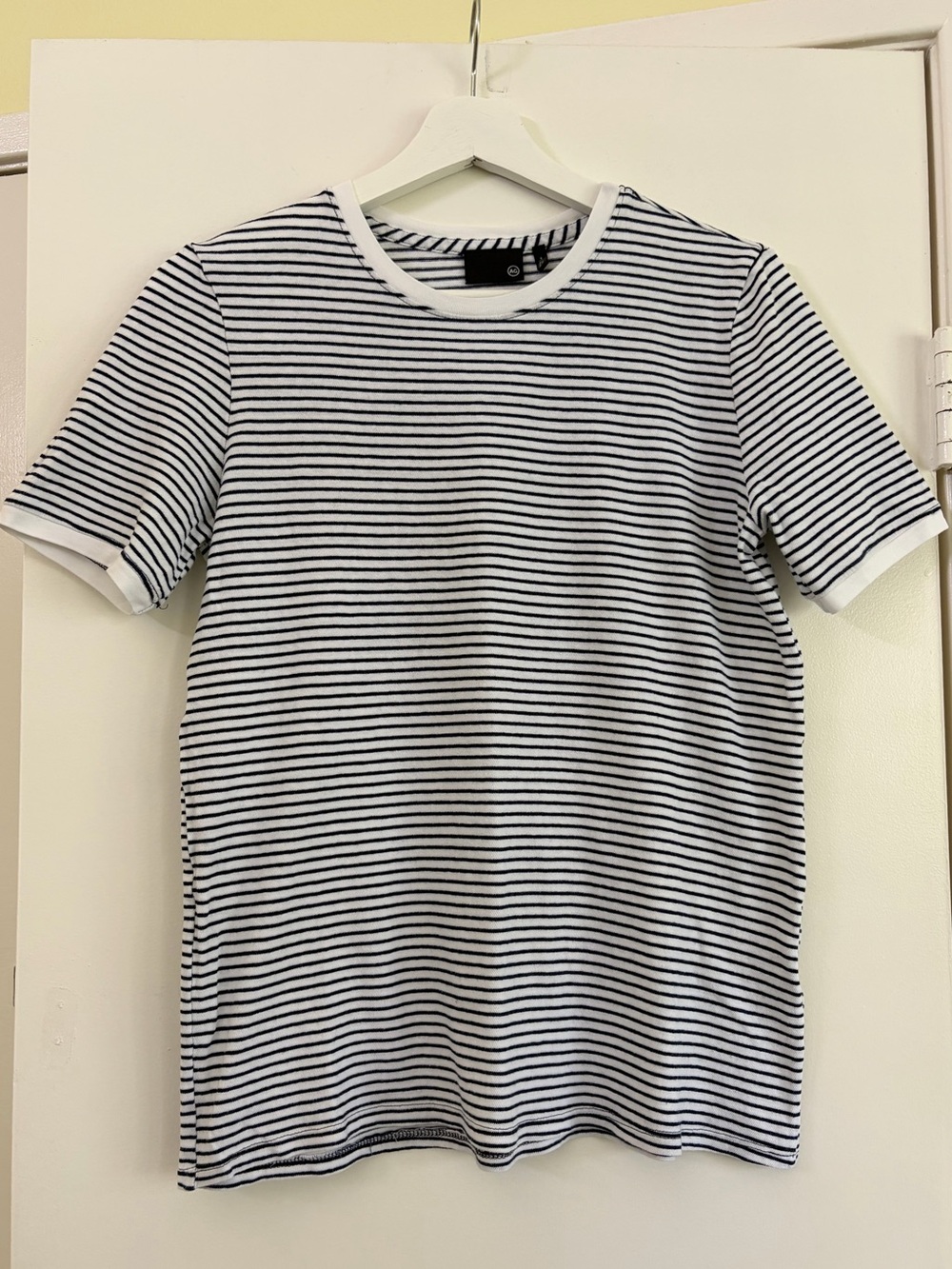 AG Adriano Goldschmied Dark Navy White Striped Crewneck Cotton T-Shirt USA Sz S